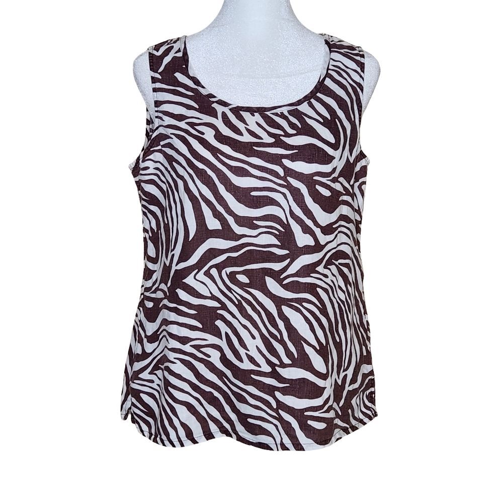 Chico's Linen Zebra Print Sleeveless Tank Top Brown Cream Small 0/4 Quiet Luxury
